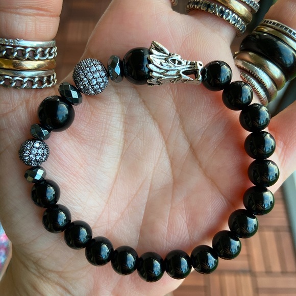 Dragon onyx bracelet . Gemstones black onyx beads cz ball & silver dragon charm - Picture 2 of 11